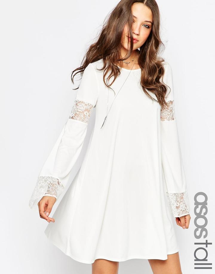 Asos Tall Boho Swing Dress With Long Sleeve And Lace Inserts - Black