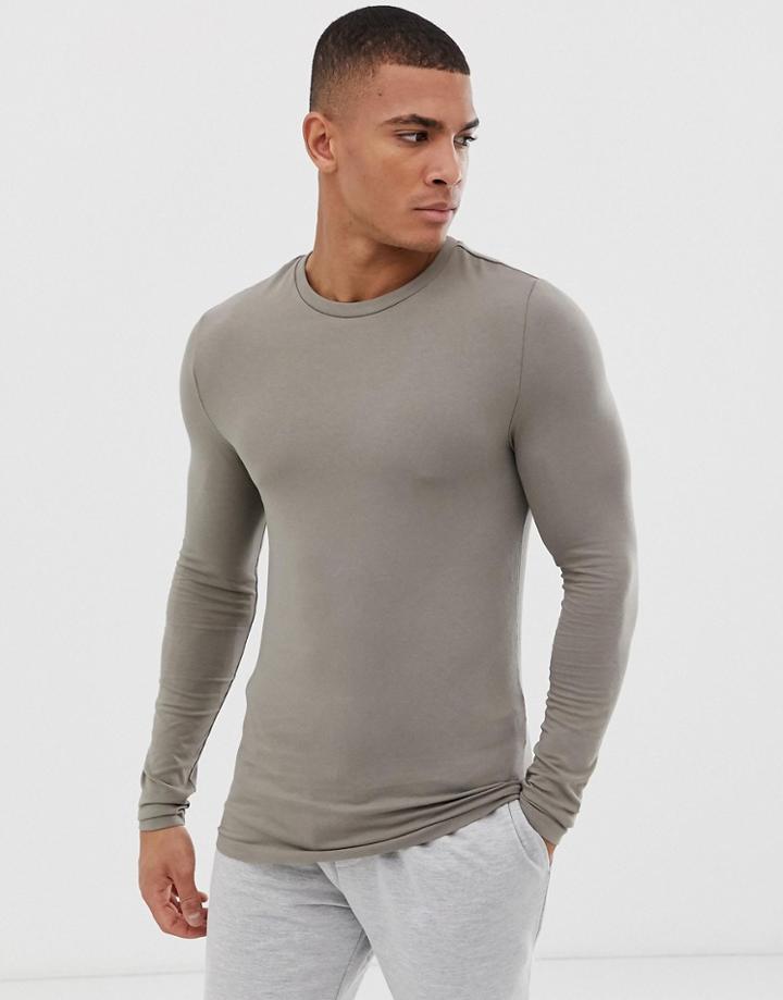 Asos Design Organic Muscle Fit Long Sleeve Crew Neck T-shirt With Stretch In Beige - Beige