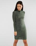 Club L Long Sleeve Ruched Detail Slinky Dress - Green