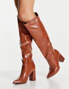 Truffle Collection Pull On Heeled Knee Boots In Tan Croc-brown