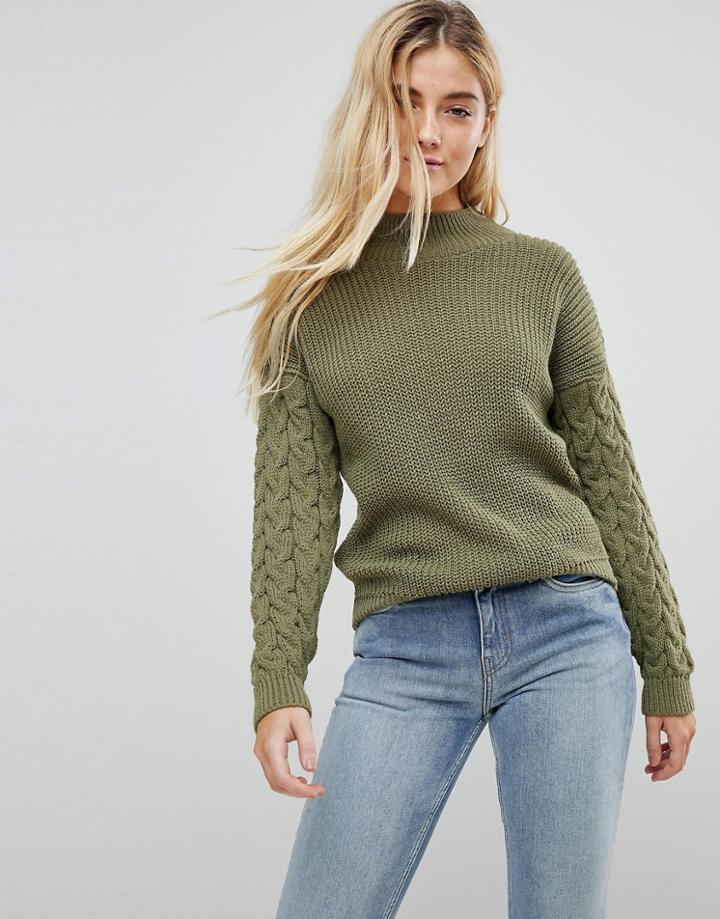 Daisy Street High Neck Sweater With Cable Knit Sleeves - Green
