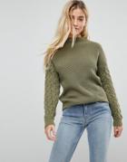 Daisy Street High Neck Sweater With Cable Knit Sleeves - Green