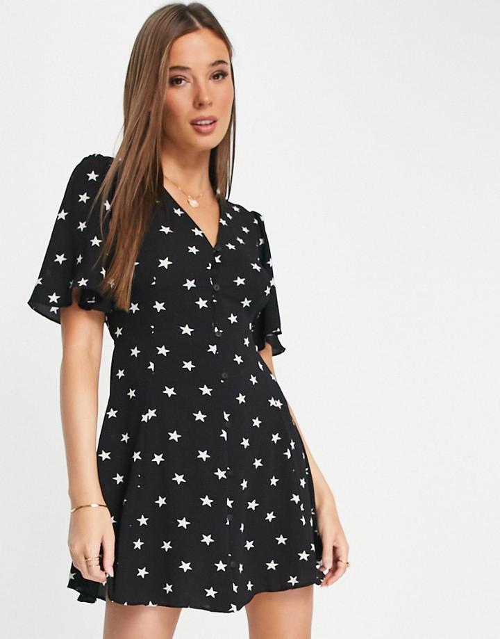 Asos Design Button Through Tie Back Mini Tea Dress With Angel Sleeve In Mono Star Print-multi