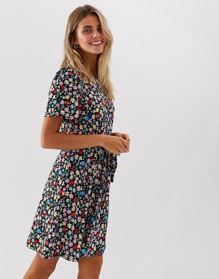Jdy Floral Tie Waist Mini Dress - Black