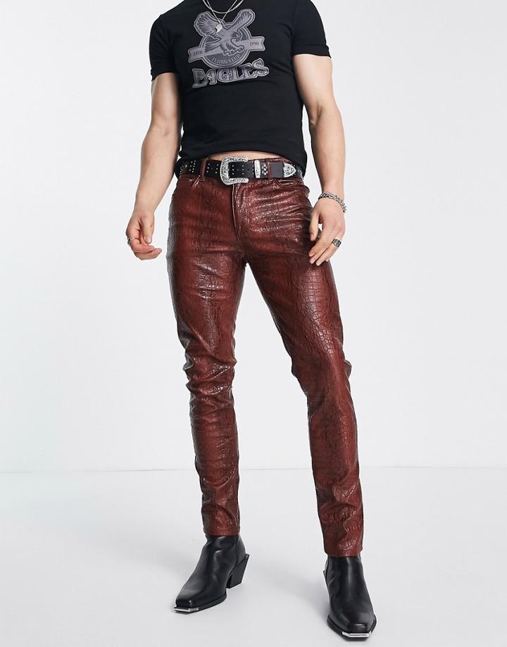 Asos Design Skinny Jeans In Red Croc Leather Look