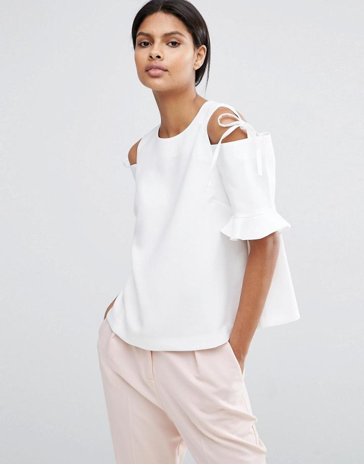 Asos Clean Crepe Cold Shoulder Top With Tie & Ruffle Sleeve - White