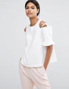 Asos Clean Crepe Cold Shoulder Top With Tie & Ruffle Sleeve - White