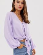 Asos Design Long Sleeve Button Front Top With Tie Detail - Purple