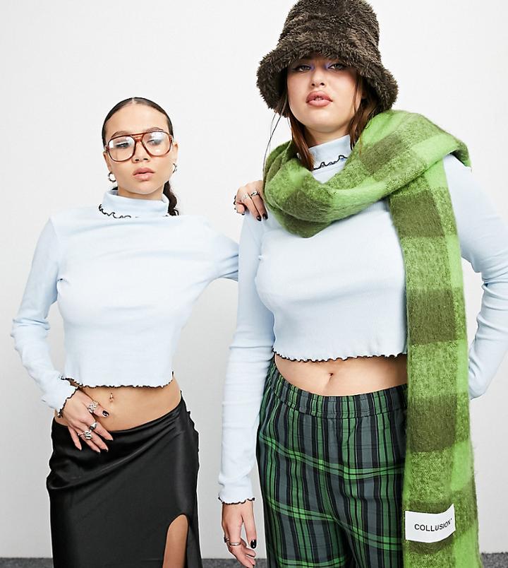 Collusion Rib Lettuce Edge Roll Neck Long Sleeve Crop Top In Blue-white