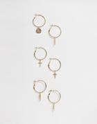 Missguided 3 Pack Charm Hoops - Gold