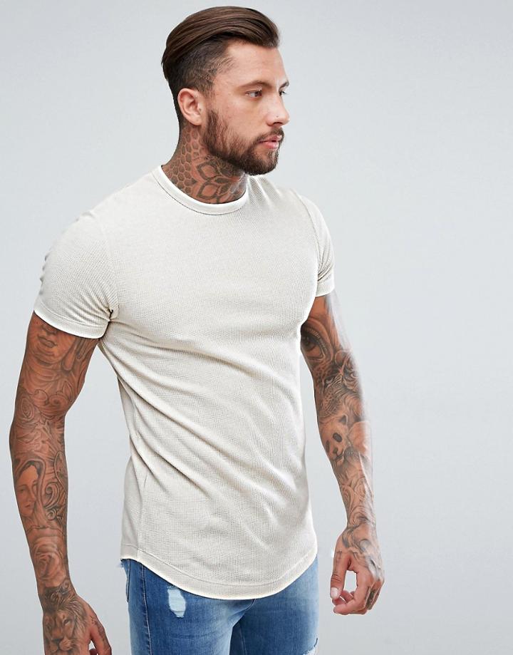 Asos Longline Muscle T-shirt With Curved Hem In Waffle In Beige - Beige