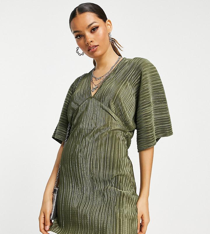 Topshop Petite Batwing Plisse Mini Dress In Khaki-green