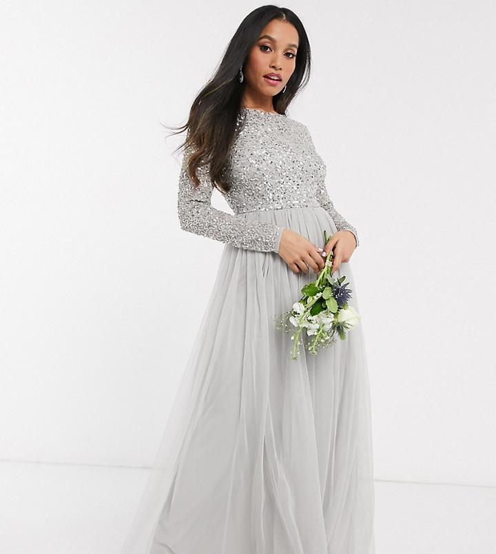 Maya Petite Bridesmaid Long Sleeve V Back Maxi Tulle Dress With Tonal Delicate Sequin In Silver-grey