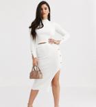 Asos Design Petite Two-piece Fine Rib Skirt With Gold Button Detail-cream