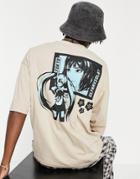 Asos Design Oversized T-shirt In Beige With Anime Back Print-neutral