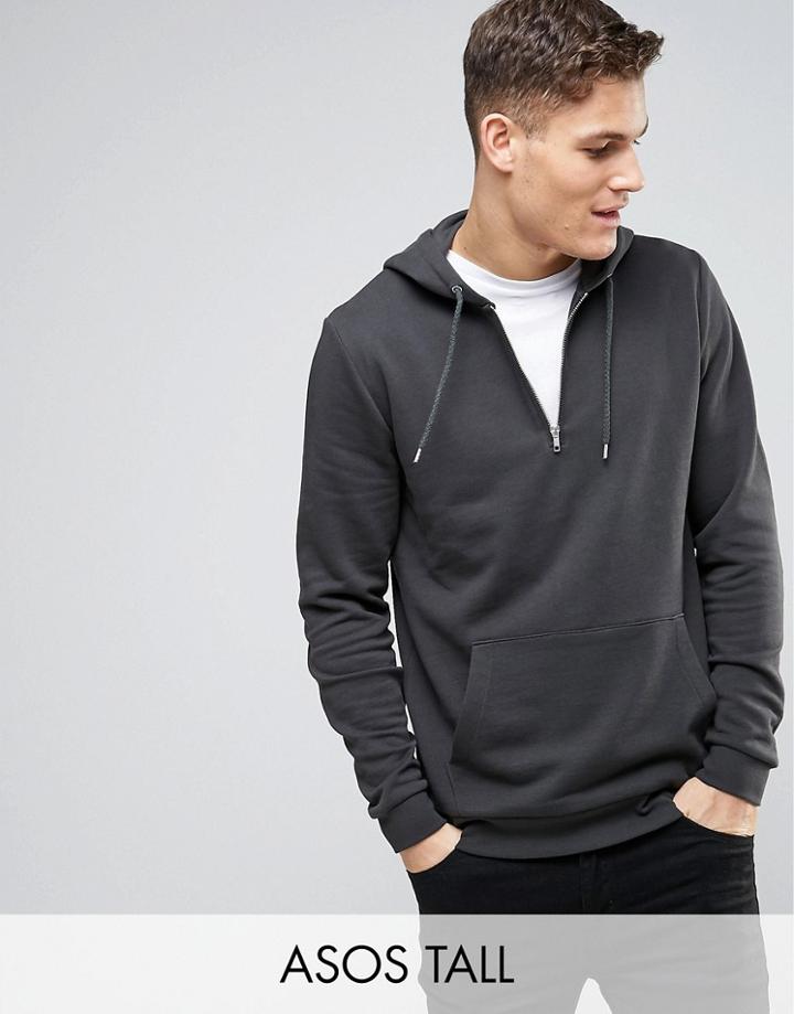 Asos Tall Hoodie With Half Zip In Washed Black - Black
