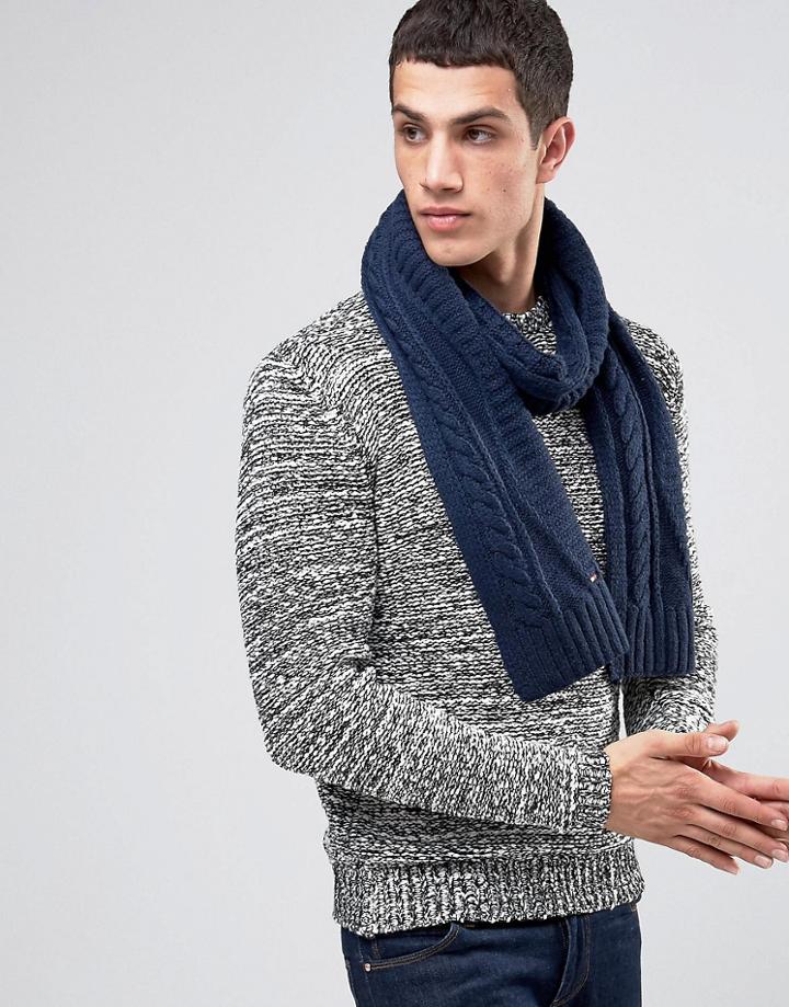 Tommy Hilfiger Cable Logo Wool Scarf - Navy