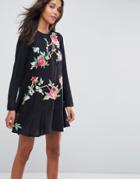 Asos Embroidered Mini Drop Waist Dress - Black