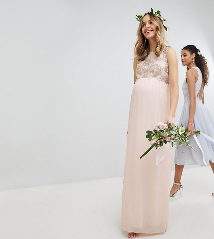 Tfnc Maternity Maxi Bridesmaid Dress With Soft Floral Sequin Top-pink