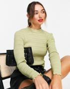 Asos Design Shirred Mesh Long Sleeve Crop Top With Frill Neck In Sage-green