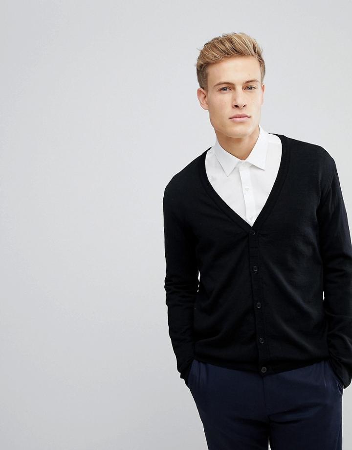 Asos Merino Wool Cardigan In Black - Black