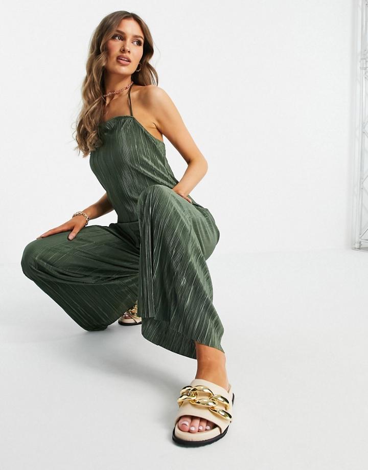 Asos Design Wide Leg Beach Plisse Jumpsuit In Khaki-green