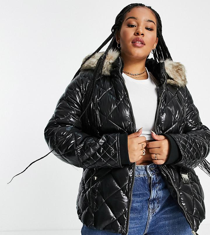 River Island Plus Belted Patent Quilted Padded Jacket With Faux Fur Hood In Black