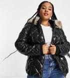 River Island Plus Belted Patent Quilted Padded Jacket With Faux Fur Hood In Black