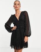 Asos Design Button Through Ruched Waist Pleated Mini Dress In Metallic Texture In Black
