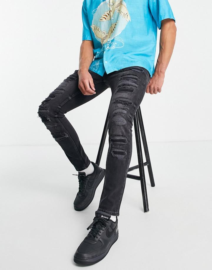 Topman Extreme Rip Stretch Skinny Jeans In Washed Black