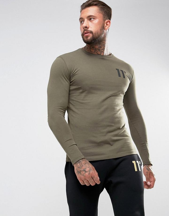 11 Degrees Long Sleeve T-shirt In Khaki With Logo - Green