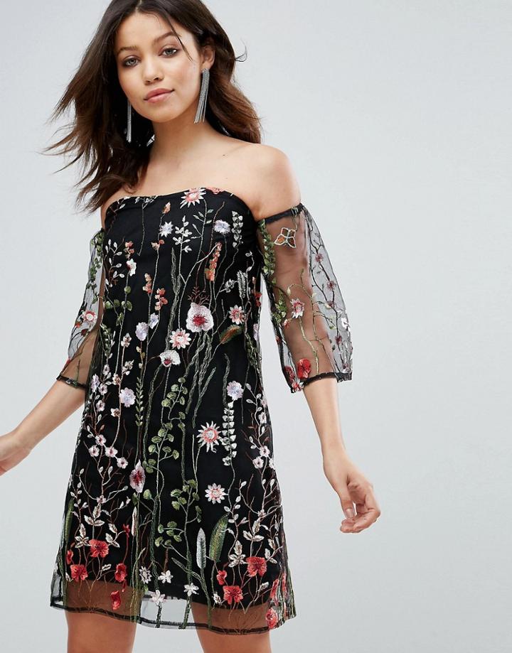 Parisian Off Shoulder Floral Embroidered Dress - Black