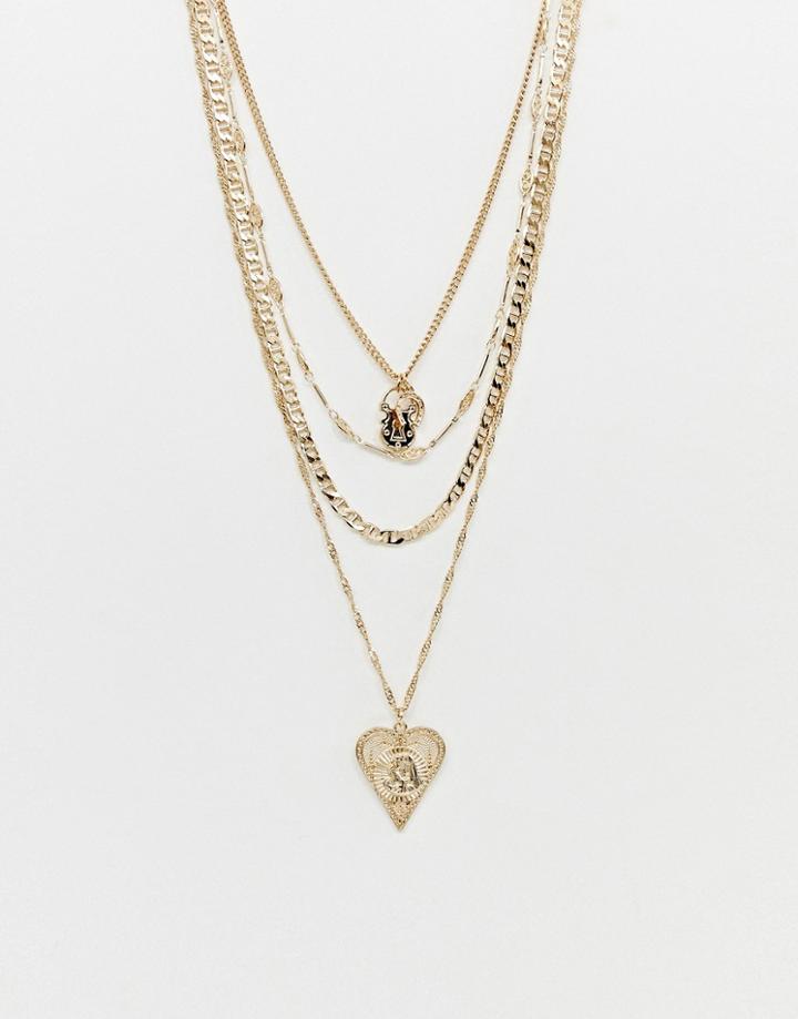 Asos Design Multirow Necklace With Vintage Style Heart Icon Pendant And Lucky Horseshoe In Gold - Gold