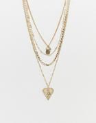 Asos Design Multirow Necklace With Vintage Style Heart Icon Pendant And Lucky Horseshoe In Gold - Gold
