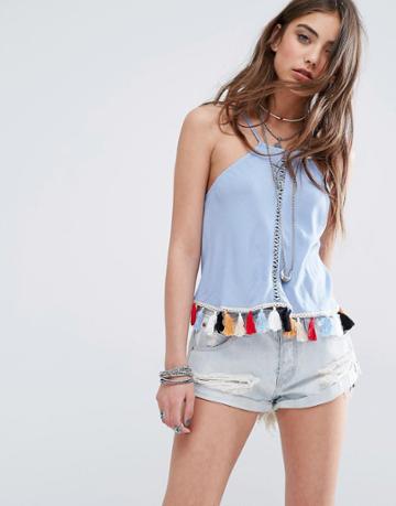 Kiss The Sky Cami Festival Top With Tassle Hem - Pale Blue