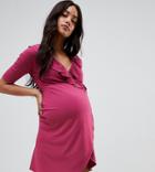 Asos Design Maternity Nursing Wrap Front Tea Dress With Frill - Red