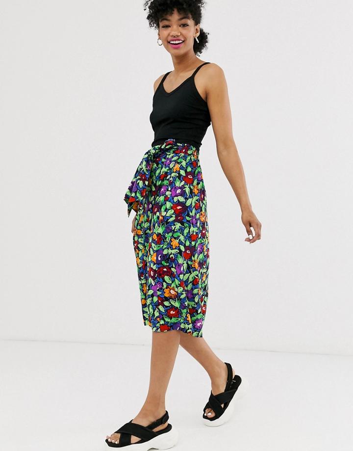 Monki Floral Print Tie Waist Midi Skirt In Black