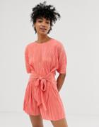 Asos Design Plisse Tie Front Short Sleeve Romper-pink