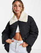 Topshop Mid Length Puffer Jacket With Sherpa Collar In Black