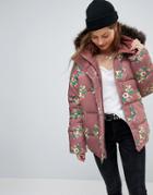 Asos Puffer Coat In Floral Print - Blue