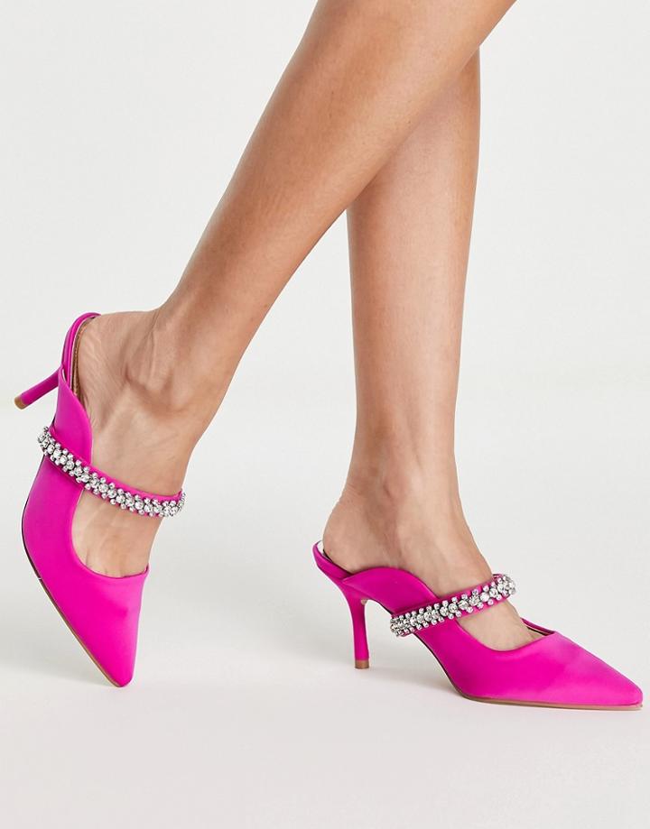 Lipsy Black Gem Strap Mule Heeled Sandals In Hot Pink