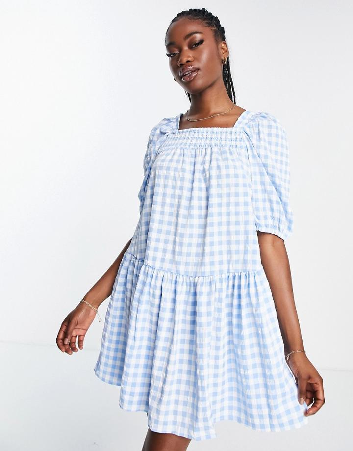 Qed London Smock Dress In Blue Gingham-white