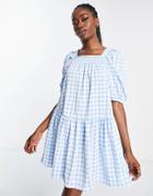 Qed London Smock Dress In Blue Gingham-white