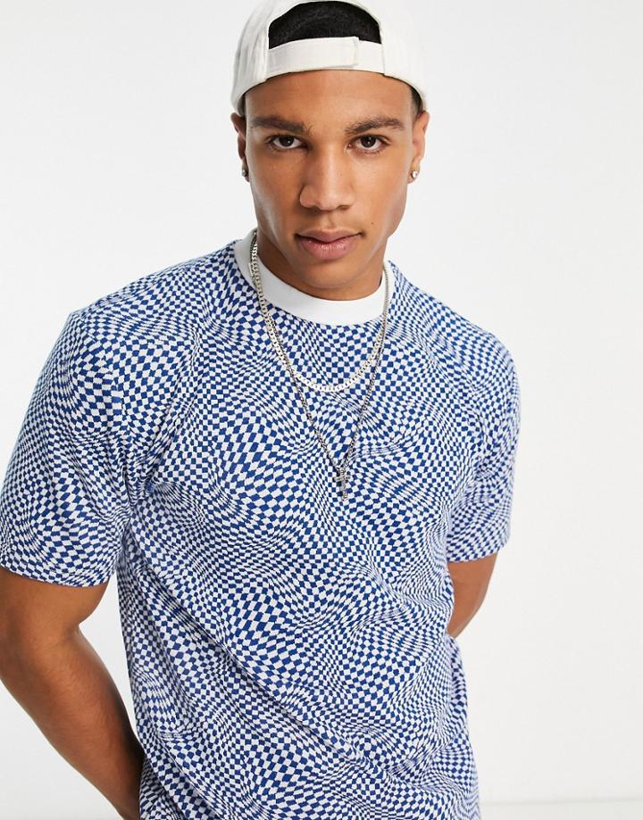 River Island Warped Checkerboard T-shirt In Blue