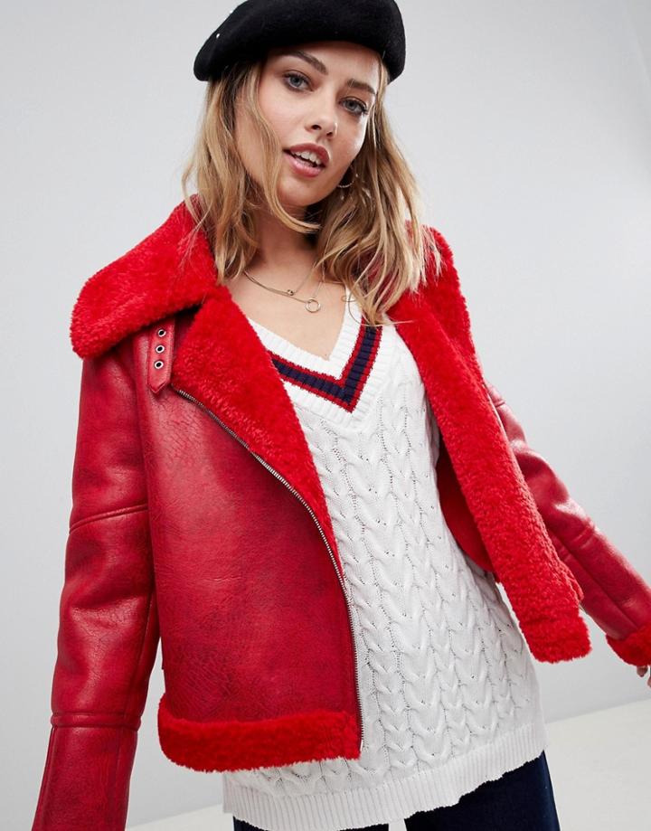 Urbancode Aviator Coat With Bonded Faux Fur - Red