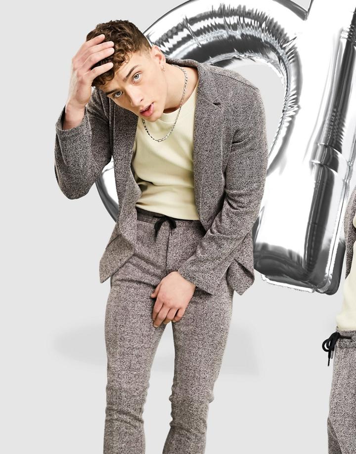 Asos Design Skinny Soft Tailored Suit Jacket In Burgundy Herringbone