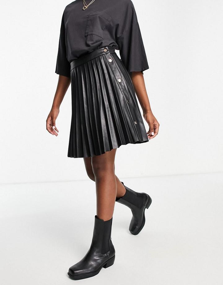 Vila Leather-look Pleated Mini Skirt With Side Button Detail In Black