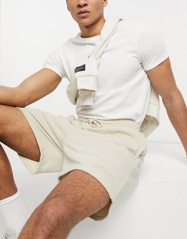 Sixth June Signature Velvet Logo Shorts In Beige-neutral