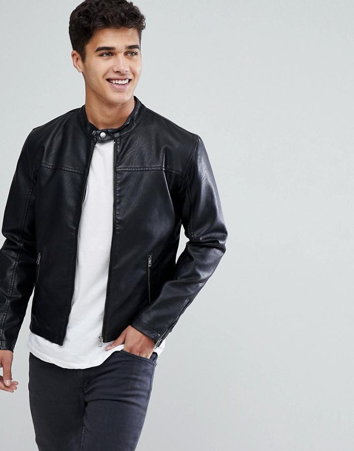 Solid Faux Leather Jacket With Biker Collar - Black