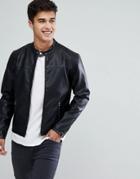 Solid Faux Leather Jacket With Biker Collar - Black